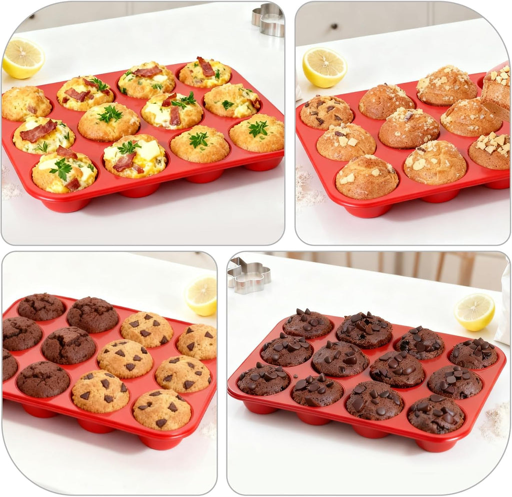 Skiennix Silicone Muffin Pan - 12-Cup Baking Tray with Metal Reinforced Frame | BPA-Free, Dishwasher Safe, Red