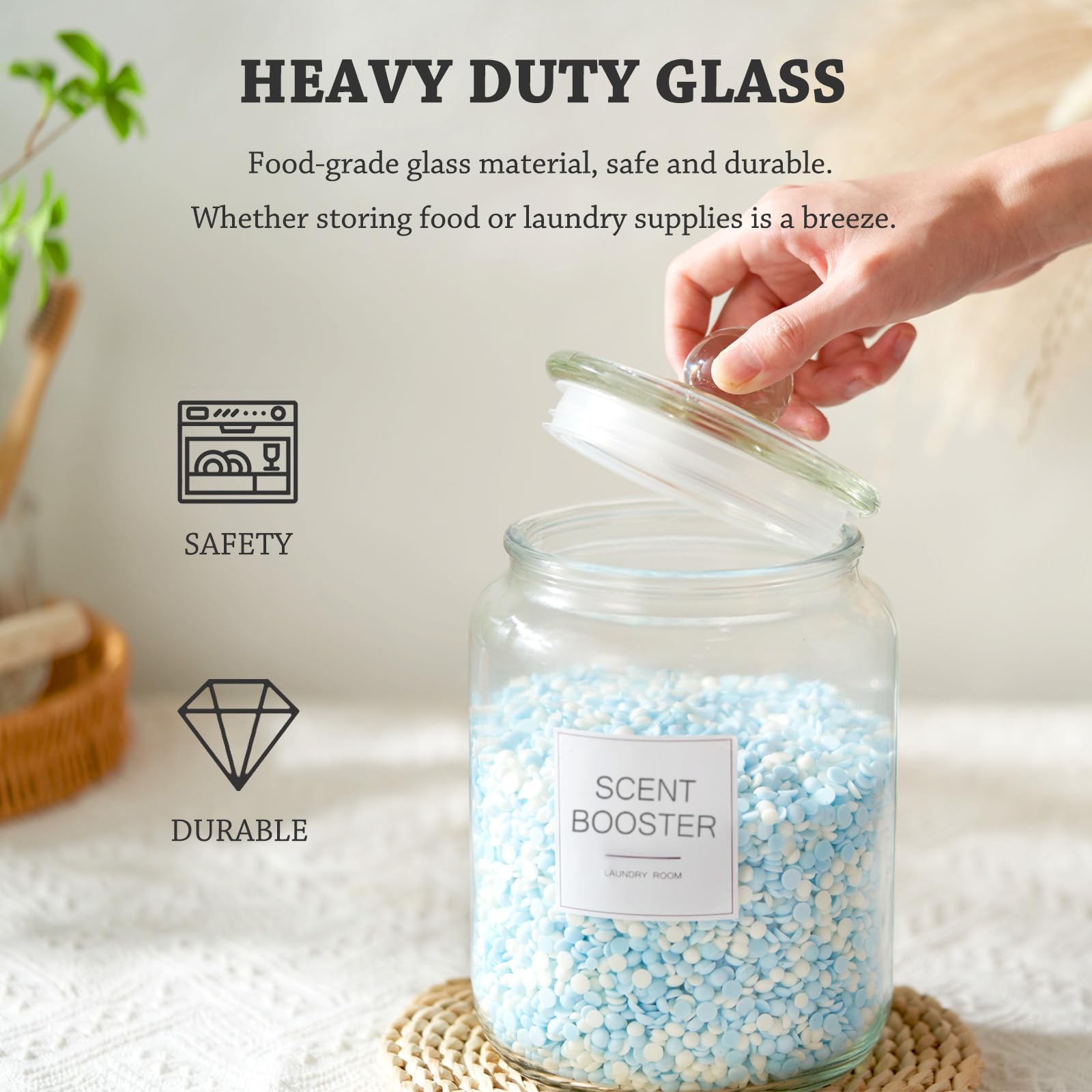 FyndraX Laundry Glass Jars with Dryer Sheets Holder, Containers with Scoop and Labels for Laundry Room Organization and Storage Detergents Pods or Powder, Scent Booster Beads, Set of 3