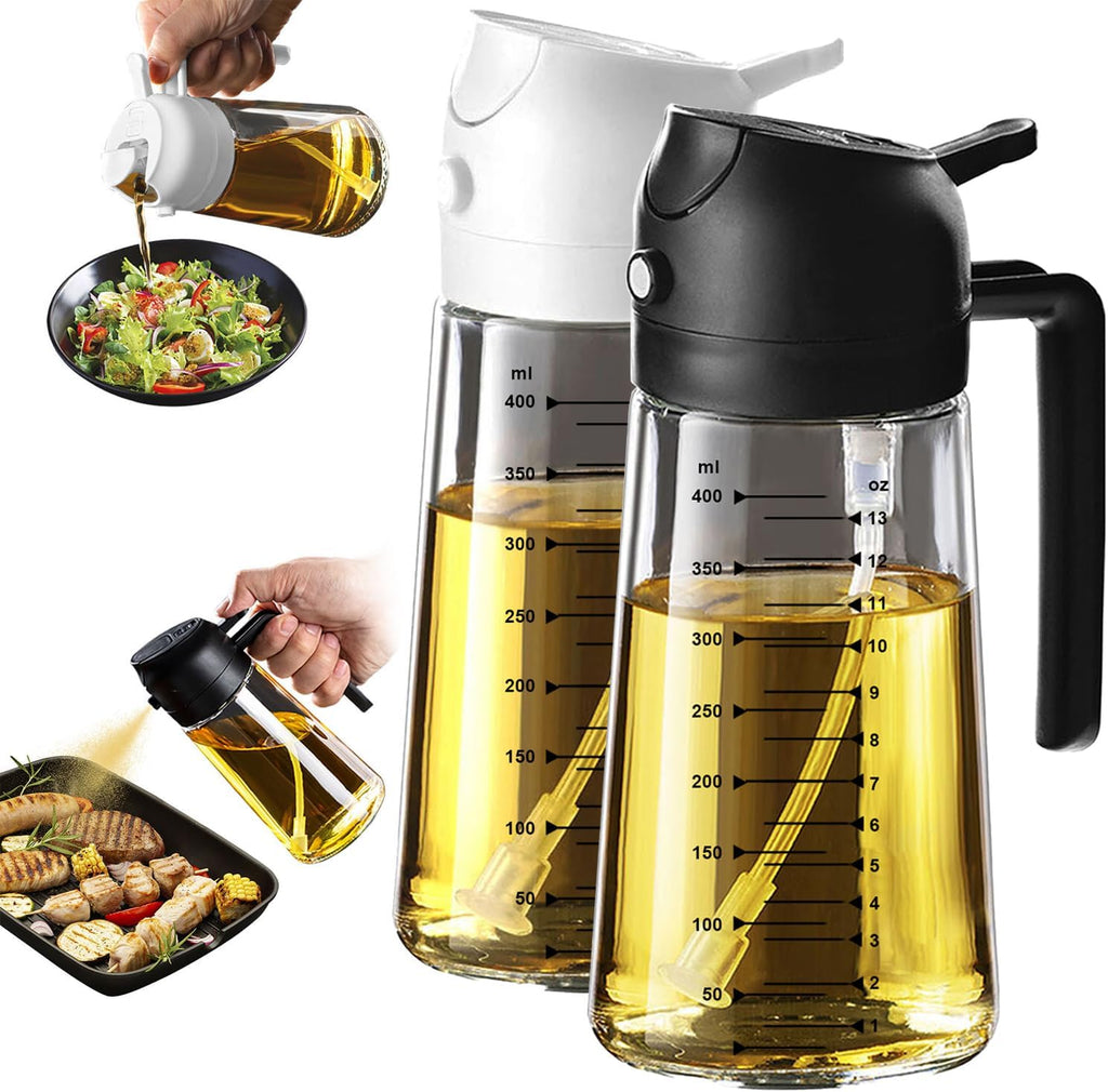 TrendPlain 16oz Glass Olive Oil Sprayer - 2-in-1 Dispenser for Cooking & BBQ - Black & White