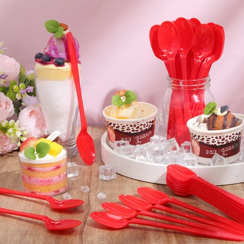 Potchen 1000 Pcs Extra Long Spoons for Ice Cream Floats Plastic Sundae Spoons Bulk 8 Inch Long Handle Spoon Heavy Duty for Ice Cream Milkshakes Tea Cocktails Root Beer Float and Tall Beverages (Red)
