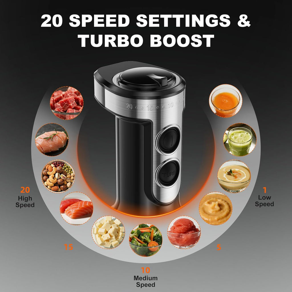 Skiennix Immersion Blender - 20-Speed Handheld Blender with Turbo Mode & Stainless Steel Blades | 600ml Beaker & 500ml Chopper (Silver)