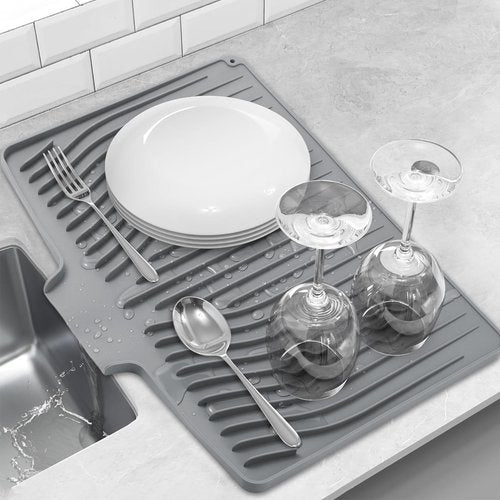 Silicone Dish Drying Mat for Kitchen Counter, Dish Drainer Mat, Non-Slip Drying Pad with Built-in Drain, Kitchen Drying Matt For Counter(18.9" x 11.8", Gray)