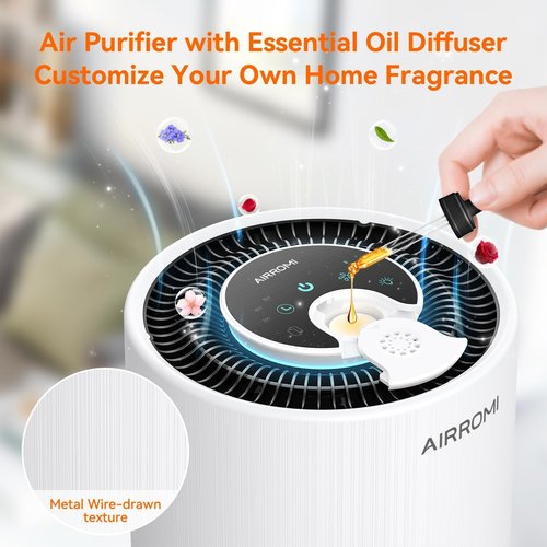 AIRROMI Air Purifier - 3-in-1 HEPA Filter for Bedrooms | Covers Up to 990 Ft² - Quiet 360° Air Cleaner in White