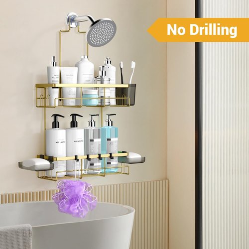 AKTECKE Shower Caddy - Rustproof Hanging Bathroom Organizer for Shampoo & Soap | No-Drill Design in Gold