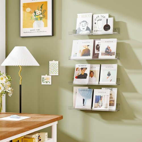 Dooiclear 4 Pack Floating Shelves for Wall, 15" Clear Book Shelf, Acrylic Floating Wall Shelf, Display Shelves Organizer for Bathroom, Classroom, Bedroom, Living Room, Kitchen, Room Decor
