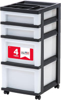 IRIS USA Rolling Drawer Storage Organizer Cart - 4 Drawers with Wheels for Art & Craft Supplies | Black/Pearl