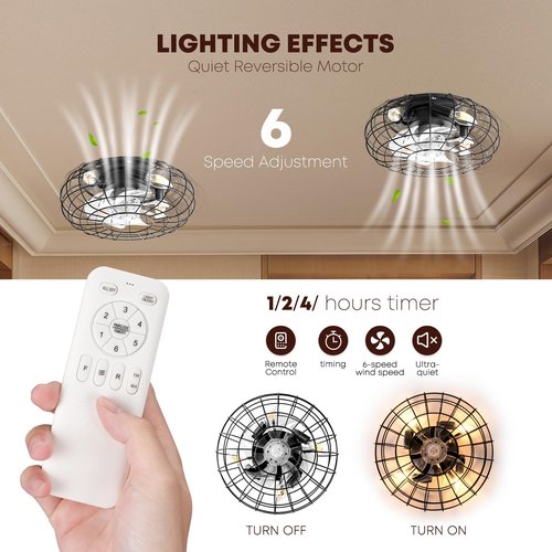 NookNova Ceiling Fan with Lights, 16 Inch Caged Ceiling Fan Lights Remote Control Small Industrial Ceiling Fan Light Fixture Flush Mount Farmhouse Light 8 Speeds Bladeless Lights for Bedroom Kitchen