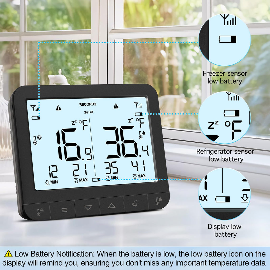 Geevon Digital Wireless Refrigerator Thermometer with Alarm, Low Battery Warning Icon, Max/Min Temperature LCD Display, Suitable for Domestic or Commercial Use Freezer Thermometer with Alarm