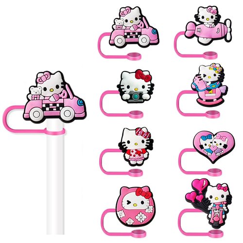 Maituifos 8 Pcs Kitty Straw Covers Cap - 10mm Cartoon Straw Topper(Box Packaging) Silicone Straw Tip Covers for Drinking Straws（Pink Style）