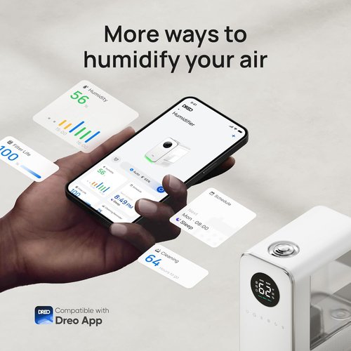 DREO Humidifier - Smart Quiet Cool Mist for Large Rooms | 50-Hour Runtime, Oil Diffuser & Nightlight, White
