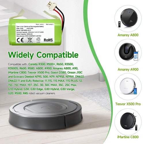 Replacement Battery for Amarey A800 A900 Eufy RoboVac 11 11S 11S Max 12 15C 15C Max 15T 25C 25C Max 30 30C Max 35C G10 Hybrid G20 G30 Edge Hybrid G30 Verge R500 R45 Vacuum OEM BYD14.4v 2600mAh