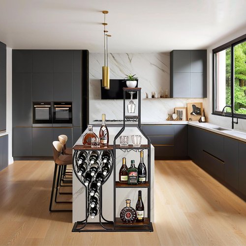 5-Tier Wine Rack Freestanding Floor, 11 Bottles Modern Wooden Wine Holder-Storage Cabinet for Home Bar, Kitchen, Dining Room Space Saving Bar Stand with Easy Assembly.(Brown)