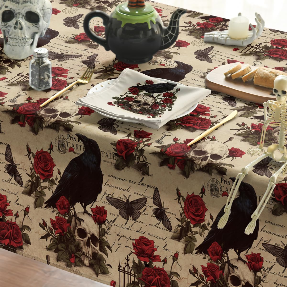 Horaldaily Halloween Tablecloth 60×60 Inch Round, Crow Skeleton Roses Washable Table Cover for Party Picnic Dinner Decor