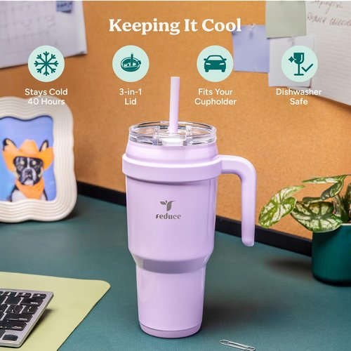40 oz REDUCE Stainless Steel Tumbler with Handle - Insulated Travel Mug, Sweat-Proof Lid & Reusable Straw - Keeps Drinks Cold for 24 Hrs, Fits Cupholders, Dishwasher Safe - Palm Leaf