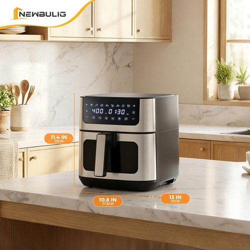 NEWBULIG Air Fryer - 6.34QT with Visible Window & Fast Heating | 8-in-1 Cooking Presets, Black Stainless Steel
