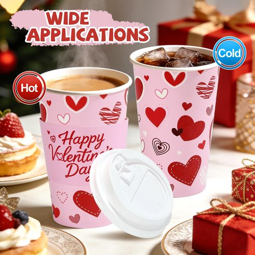 50 Pcs Valentine's Day Coffee Cups 16 oz Disposable Pink Red Heart Paper Drinking Cups Love Heart Coffee Containers for Hot and Cold Beverage Water Juice Cocoa Valentine's Day Wedding Party Supplies