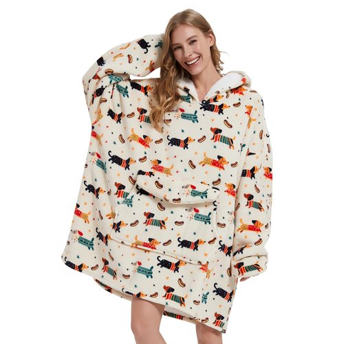 Mewkou Wearable Blanket Hoodie for Adult,Oversized Sherpa Fleece Blanket Hoodie for Women Men,Dachshund