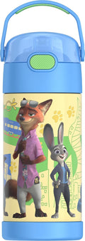 THERMOS FUNTAINER Water Bottle - 12 Ounce Kids Stainless Steel Vacuum Insulated with Straw | Zootopia Design