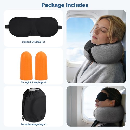 Kenbiref Memory Foam Travel Neck Pillow – Ergonomic Airplane Pillow with 360° Head Support | Includes Eye Mask & Ear Plugs | Ultra Portable Neck Pillow Airplane for Flights & Cars(Gray)
