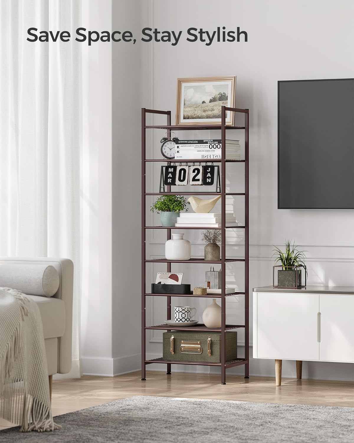 SONGMICS Narrow Shoe Rack - Sturdy 8-Tier Metal Storage Organizer for Small Spaces | Bronze, 12"D x 17.6"W x 50.6"H