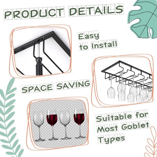 Kritkin 8 Row Wine Glass Rack Under Cabinet Holds up to 16-24 Glasses Under Cabinet Stemware Wine Glass Holder Extreme Large Hanger Hanging Wine Glass Holder for Cabinet Kitchen Bar Counter Black
