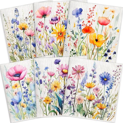 Flowing Fun Swedish Dishcloths for Kitchen – 6 Pack Cellulose Reusable Cleaning Paper Towels – Soft, Quick-Drying, Washable Dish Rags for Kitchen, Counters & More (Flower)