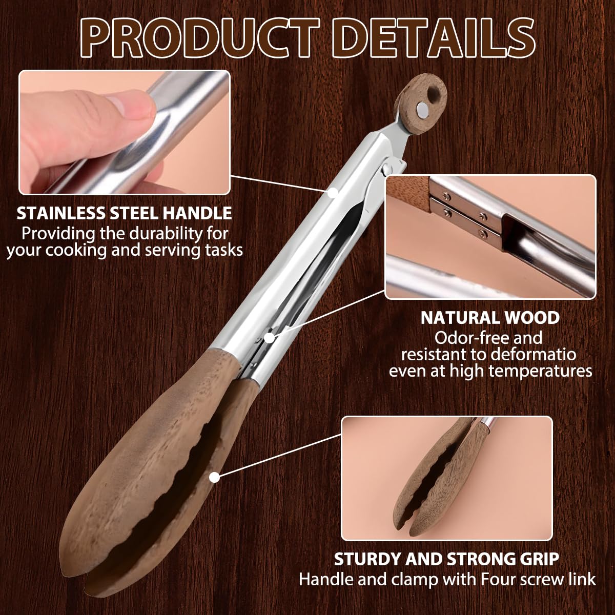 Wooden Tongs for Cooking & Serving Food, Stainless Steel Salad Tongs with Walnut Wood Tip, Anti-Slip Long Handle Wooden Kitchen Tongs Heat Resistant, Smooth Locking & Hanging Cooking Utensils Set of 2