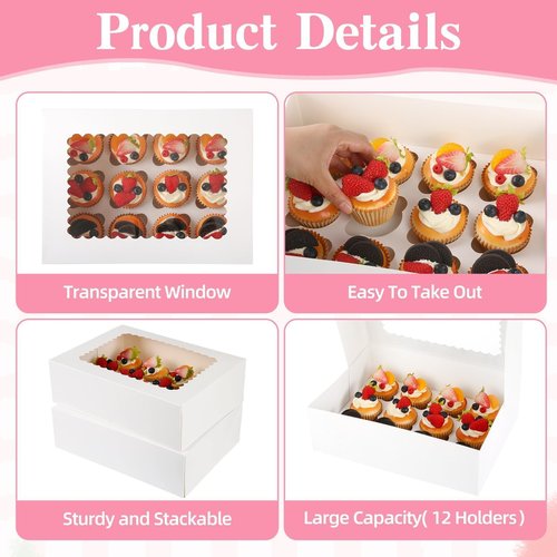 JPPSUJJ 12PCS Cupcake Boxes 12 Count with Window, No Assembly Required, Disposable Cupcake Containers & Holder for Birthday, Holiday, Bakery Supplies