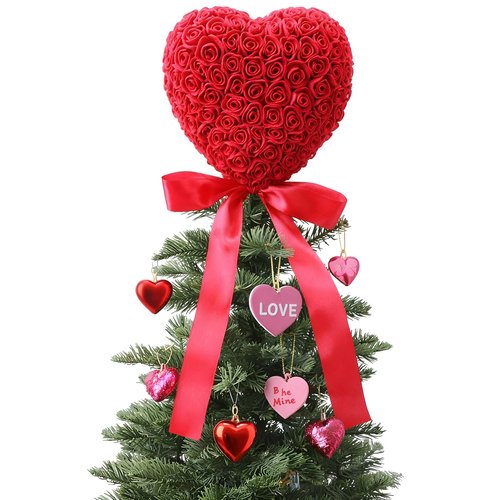 Soulchen Valentine Day Tree Topper 11.8 Inch Heart Tree Topper with Bow Rose Valentines Trees Ornaments Decorations for Valentine's Day Wedding Holiday Party Supplies(Red)