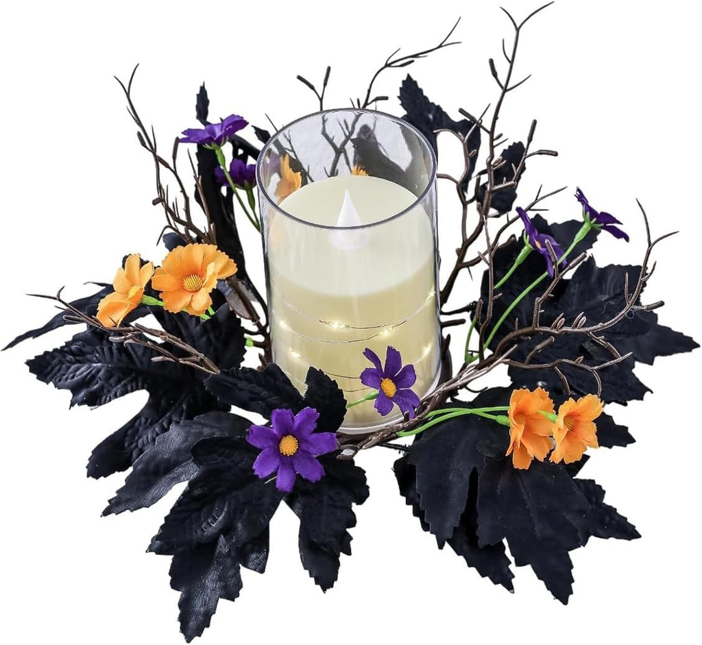 Skiennix Halloween Candle Rings - Artificial Leaves Wreaths for Festive Home Decor | 2 Pack Rose Skull Black