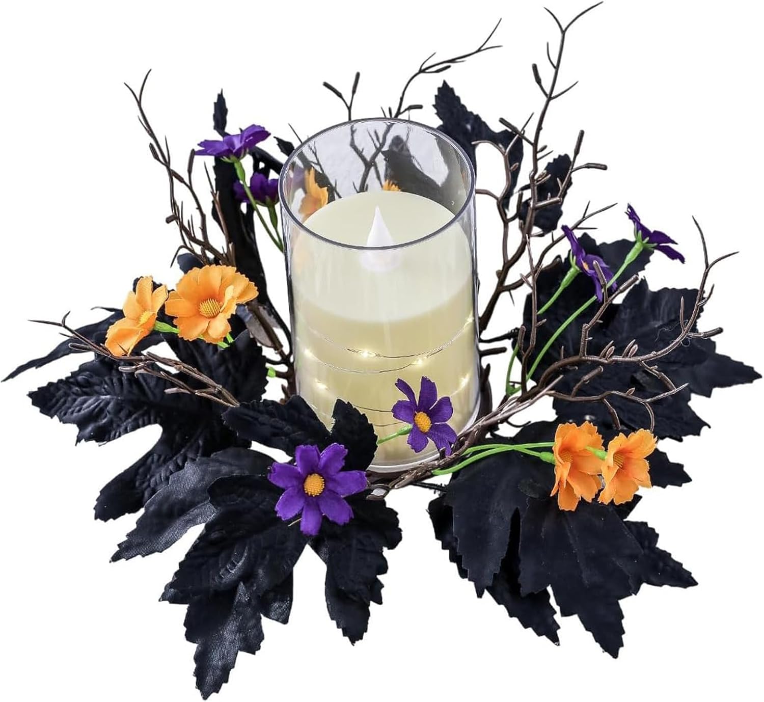 Skiennix Halloween Candle Rings - Artificial Leaves Wreaths for Festive Home Decor | 2 Pack Rose Skull Black