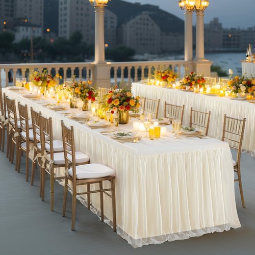 Wish Care 4 Pack Light Champagne Tulle Tablecloth for 6 Foot Rectangle Tables Ruffle Stretch Fitted Table Cloth Tutu Skirt Wrinkle Free Table Cover for Party Wedding Birthday Banquet Cake Tables Decor