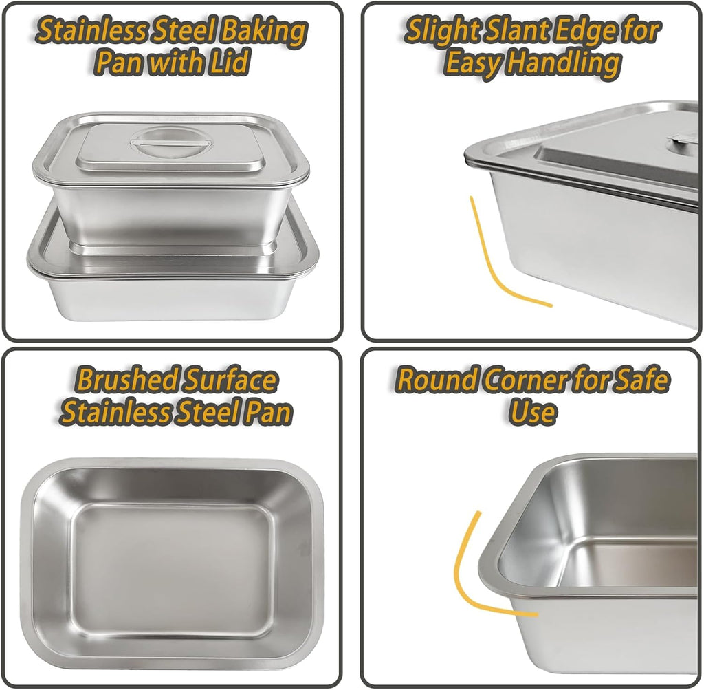 Stainless Steel Baking Pan Set by [Brand Name] - 2-Piece Lasagna & Roasting Pans with Lids | 4-Inch Deep, 7.4 QT + 5.1 QT