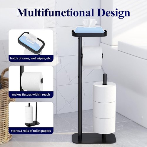 Kitsure Free Standing Toilet Paper Holder - Rustproof Metal Stand for 4 Rolls with Anti-Slip Base & Shelf, Black | 2-Pack