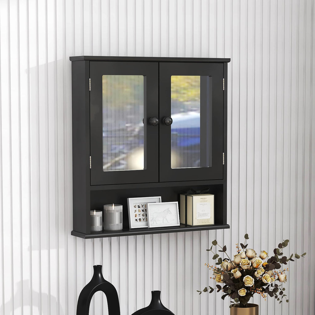 TaoHFE Black Medicine Cabinet, 2 Doors 3 Open Shelf, Wall Mounted Wooden Storage Cabinet Over Toilet
