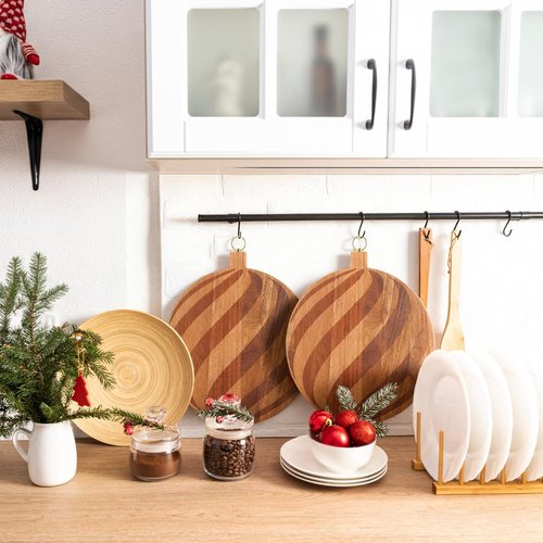 Fiwochic Set of 6 Christmas Round Cutting Boards Bulk Acacia Wood Charcuterie Cheese Serving Trays Holiday Party Platters with Engraved Swirl Stripe Pattern for Xmas Houseraming Kitchen Gifts(12 Inch)