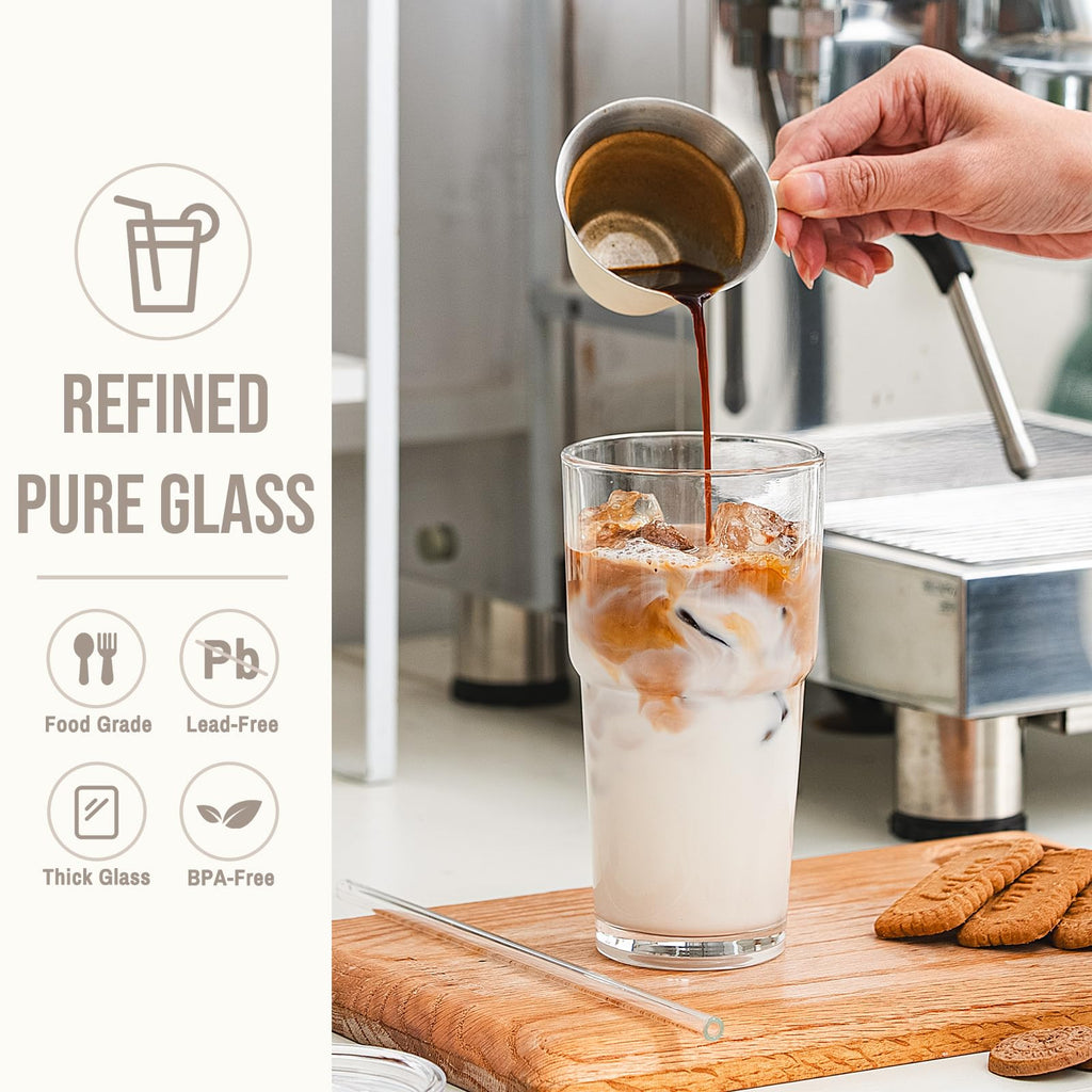 SoulTimes 20oz Glass Tumbler with Lid and Glass Straw –Set of 2, Clear Reusable Iced Coffee Cup, Drinking Glass for Coffee, Tea, Juice, Smoothies – Durable & Elegant Glassware