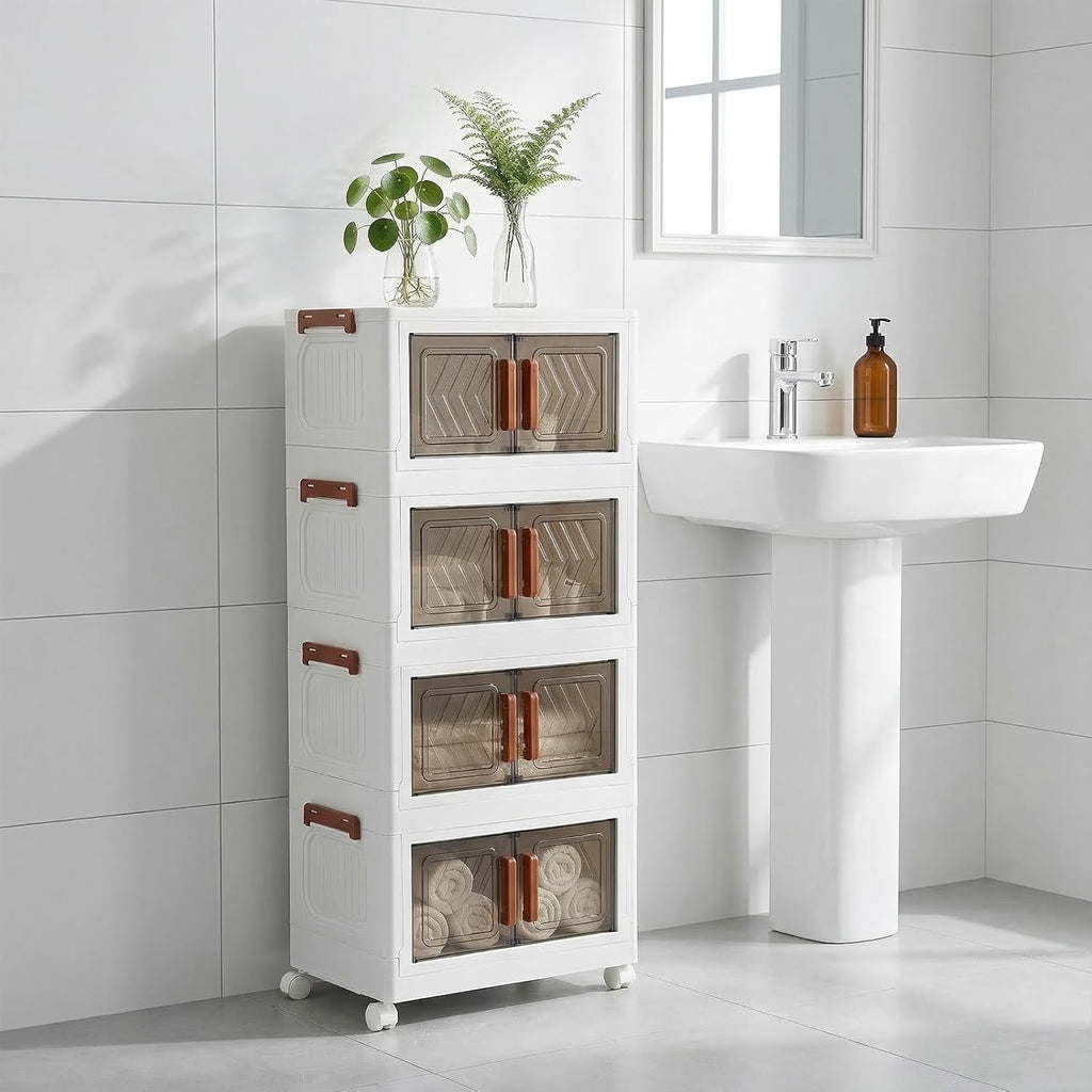 Skiennix 4-Tier Storage Bins - Stackable, Foldable Organizers with Lids & Wheels | Transparent Door