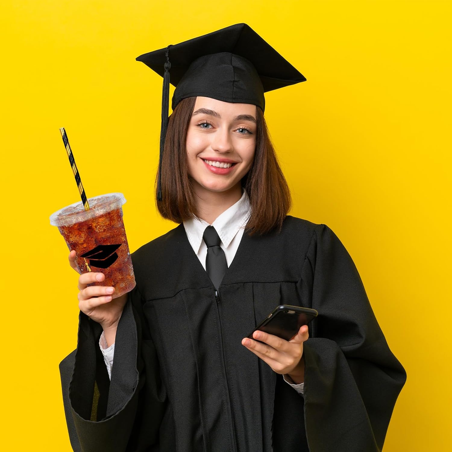 Whaline 50Pcs 12Oz Graduation Cups - Black Plastic Cups with Lids & Straws for Party Supplies