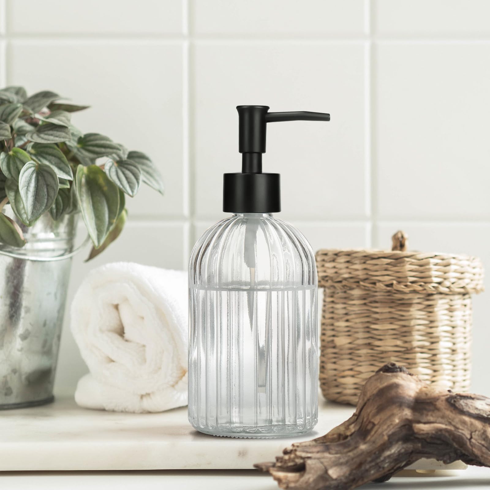 1 Pack 13.5oz Glass Soap Dispenser with Plastic Pump, Vertical Stripe Design Refillable Hand Soap Dispenser for Hand Wash, Bathroom and Kitchen
