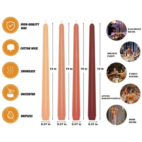 12-Pack Earth Tone Taper Candles, 10 Inch Unscented Dripless Candlesticks, Long-Lasting Burn Time of 7-8 Hours, Perfect for Fall Harvest Halloween Thanksgiving Dinners Parties and Home Décor