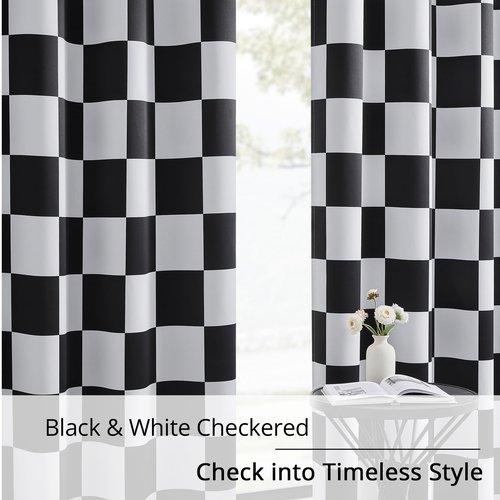 BOHOMOCASA 100% Blackout Curtains – Black and White Checkered Race Flag Pattern, 2 Panels, Each W52×L84, Thermal Insulated, Nosie Reducing for Bedroom, Living Room, Race car Drapes
