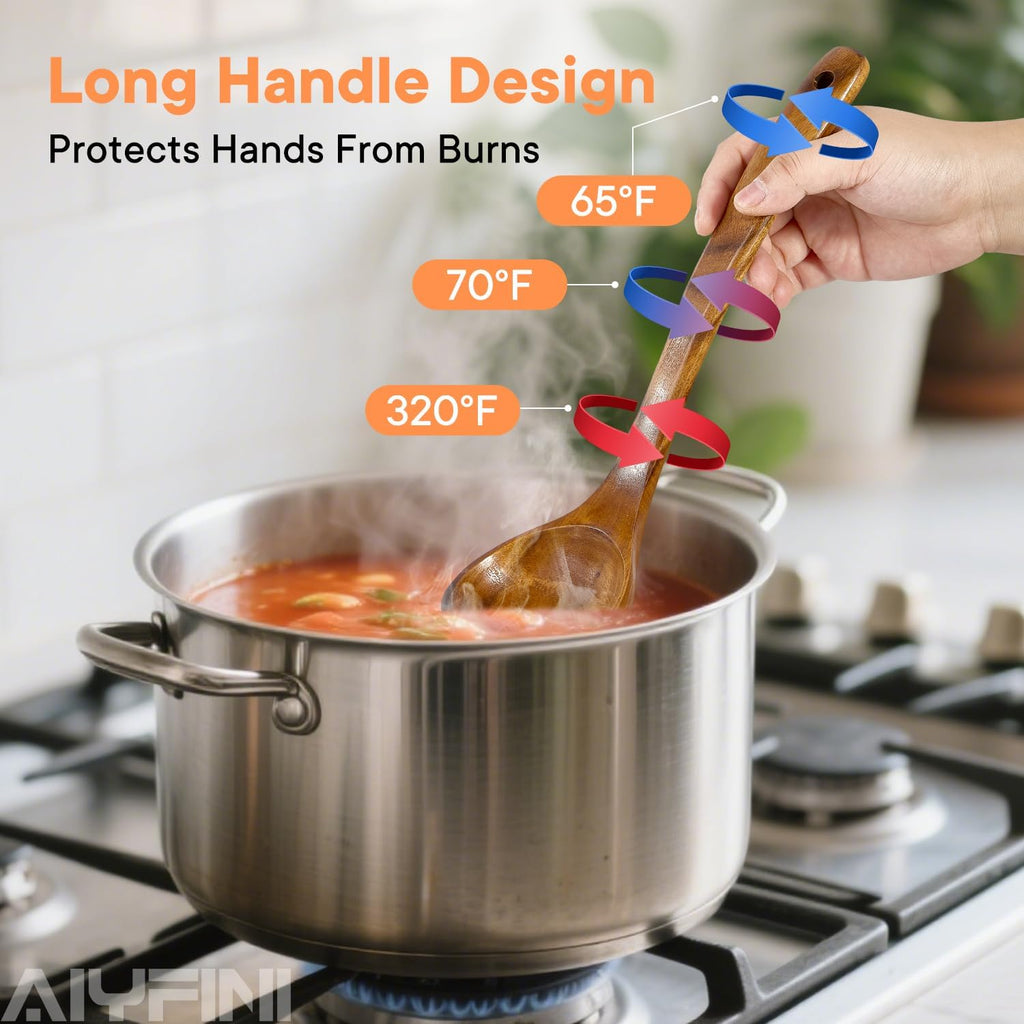 Skiennix Non-Toxic Wooden Kitchen Utensils Set - 15.4" Long Handle Spatula, Ladle, Spoon & Holder