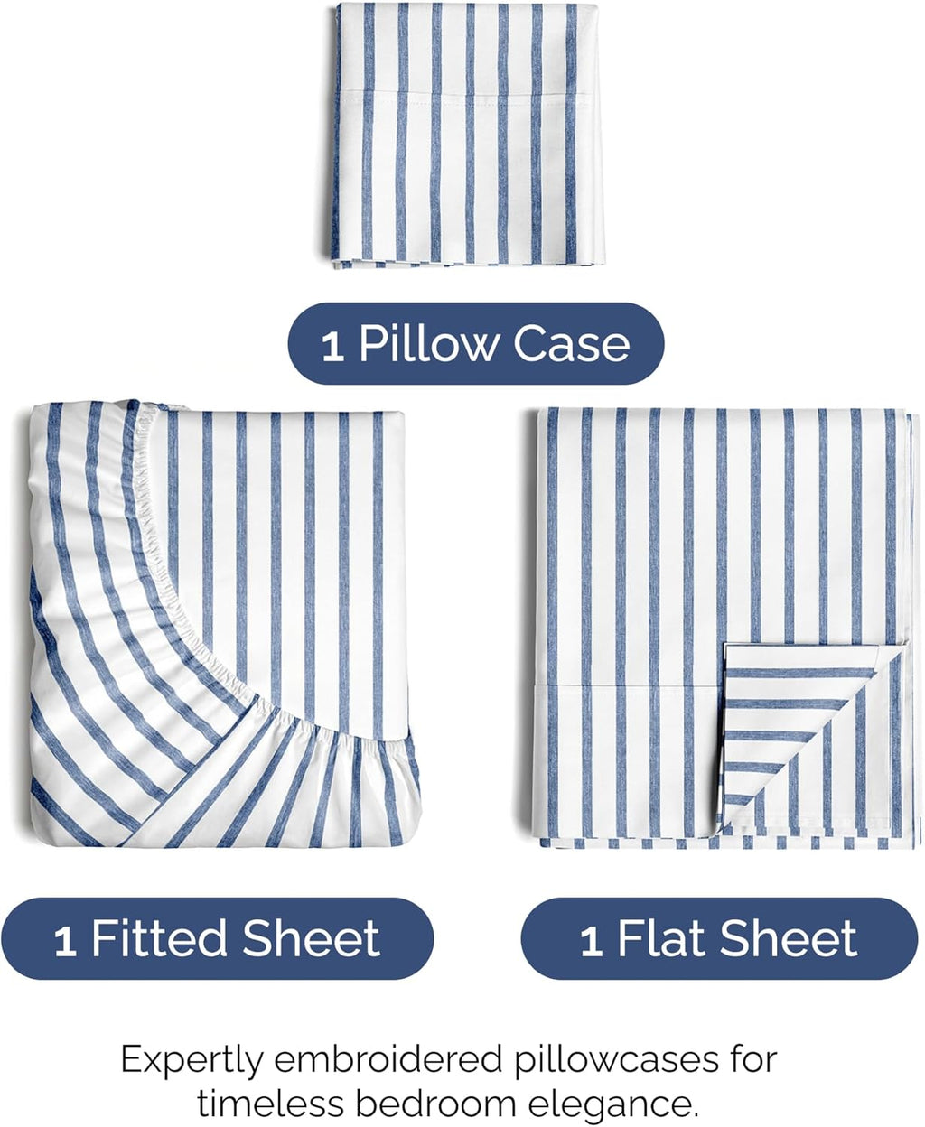 Skiennix Twin Size 3-Piece Sheet Set - Comfy Cooling Bed Sheets - Luxury Hotel Quality - Deep Pockets, Soft, Wrinkle-Free - Blue Stripes