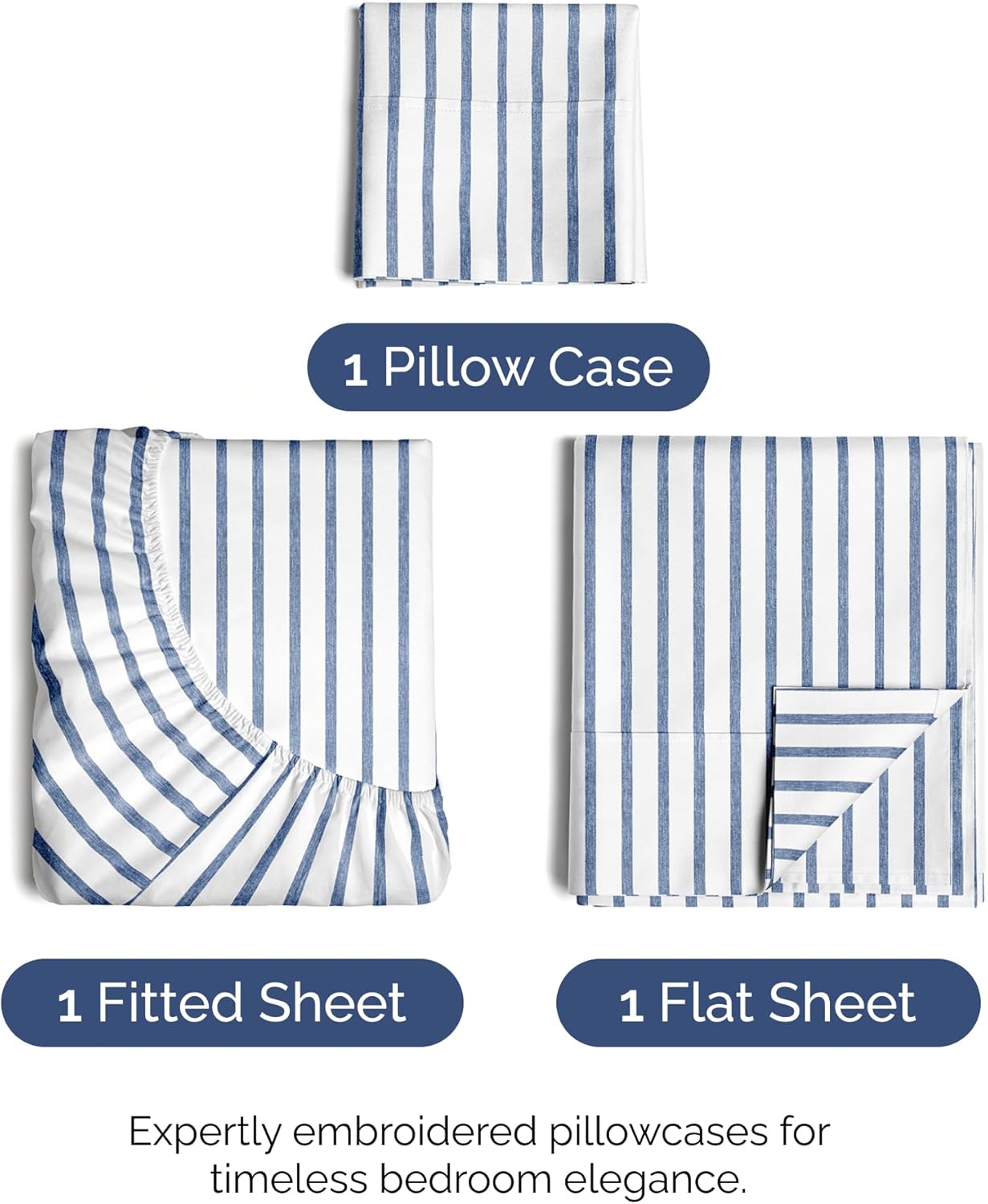 Skiennix Twin Size 3-Piece Sheet Set - Comfy Cooling Bed Sheets - Luxury Hotel Quality - Deep Pockets, Soft, Wrinkle-Free - Blue Stripes