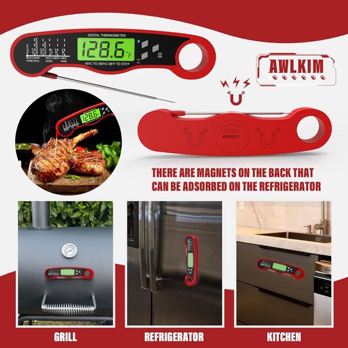 AWLKIM Digital Meat Thermometer - Instant Read Waterproof Cooking Thermometer with Backlight - Red