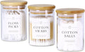INIUNIK Qtip Holder Dispenser - 3 Pack Glass Apothecary Jars with Lids | Bamboo Bathroom Organizers