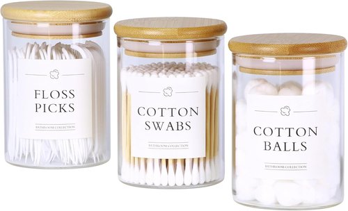 INIUNIK Qtip Holder Dispenser - 3 Pack Glass Apothecary Jars with Lids | Bamboo Bathroom Organizers