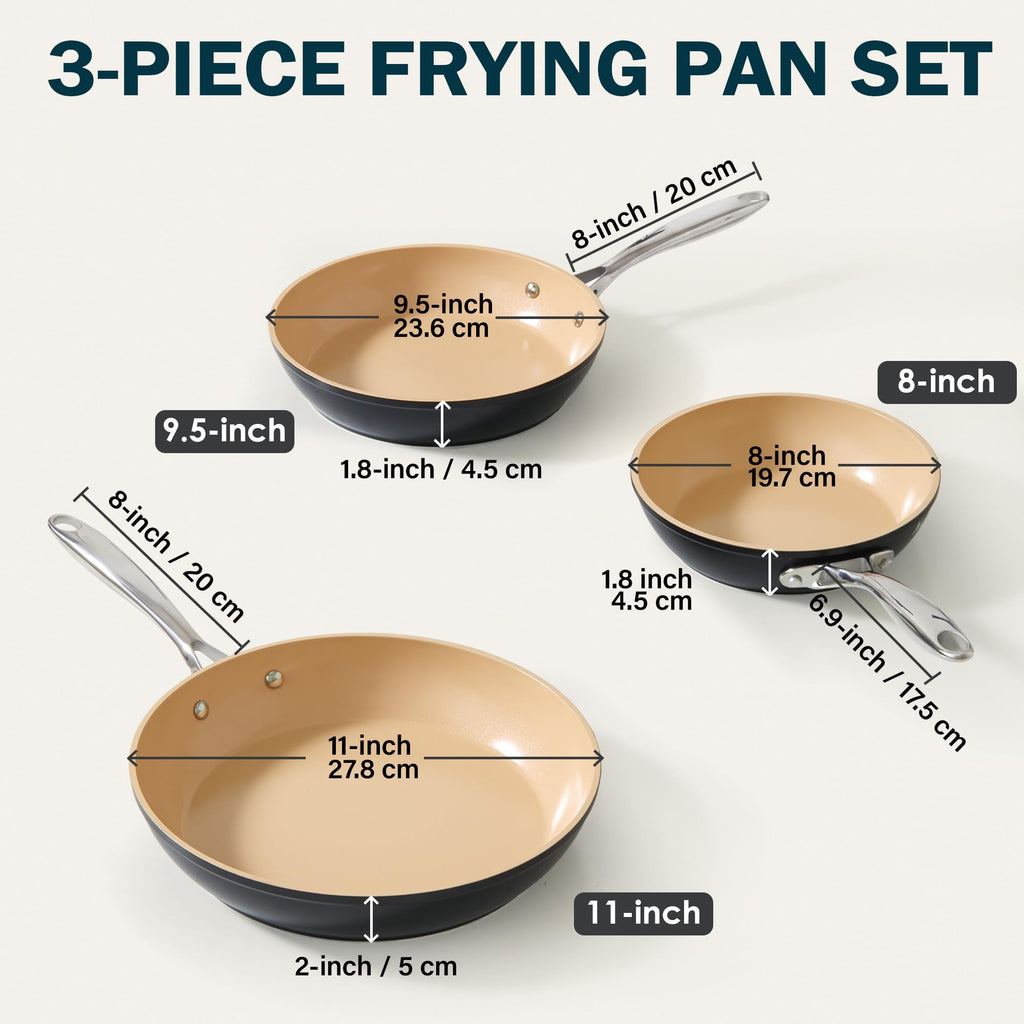 Cooks Standard Classic Hard Anodized 8 Inch / 9.5 Inch / 11 Inch Nonstick Frying Pan, Ceramic Non Stick Skillet, Induction Cookware Egg Omelette Pan, Oven Safe, Black & Apricot, 3-Piece