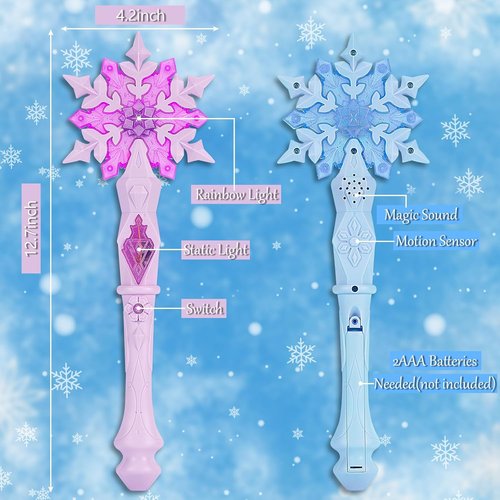 EnrichFun Light Up Frozen Snowflake Wand - Motion Sensitive Magic Princess Toys for Kids | 4 Pack (2 Blue & 2 Pink)
